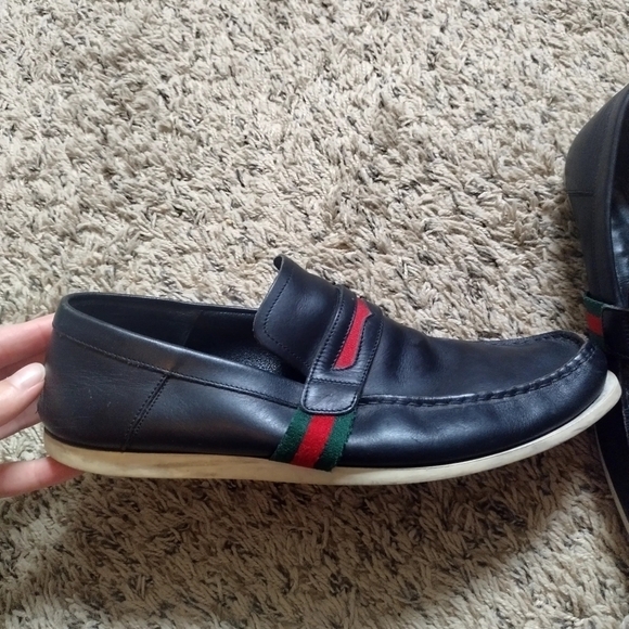 GUCCI  FLAG Black Leather Boat Deck Loafers sz 9 main image 10